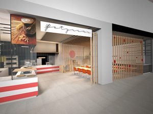 Ristorante Fetucini, Un fast food trasformato in un vero ristorante con posti a sedere e coffee corner Filosofia Spaghetti, segno di italianità: per superare il luogo comune si può esagerare, in modo quasi-pop. Soluzioni Spaghetti ovunque. Lampade: grandi trafilature al bronzo; divisori di assicelle di legno che sembrano fettuccine, pasta fresca esposta ad essiccare in vetrina. Piastrelle a scacchi bianchi e rossi tipo “tovaglia italiana”. Cucina a vista. Si fanno a mano la pasta e i pani per le pizze, e lo si vede in modo teatrale. Tavoli. Realizzati apposta in ferro e marmo. Maxi grafiche. Italiani famosi (Sophia Loren, Alberto Sordi…) in immagini con la pasta.