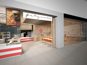 Ristorante Fetucini, Un fast food trasformato in un vero ristorante con posti a sedere e coffee corner Filosofia Spaghetti, segno di italianità: per superare il luogo comune si può esagerare, in modo quasi-pop. Soluzioni Spaghetti ovunque. Lampade: grandi trafilature al bronzo; divisori di assicelle di legno che sembrano fettuccine, pasta fresca esposta ad essiccare in vetrina. Piastrelle a scacchi bianchi e rossi tipo “tovaglia italiana”. Cucina a vista. Si fanno a mano la pasta e i pani per le pizze, e lo si vede in modo teatrale. Tavoli. Realizzati apposta in ferro e marmo. Maxi grafiche. Italiani famosi (Sophia Loren, Alberto Sordi…) in immagini con la pasta.