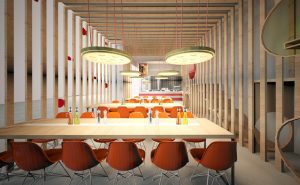 Ristorante Fetucini, Un fast food trasformato in un vero ristorante con posti a sedere e coffee corner Filosofia Spaghetti, segno di italianità: per superare il luogo comune si può esagerare, in modo quasi-pop. Soluzioni Spaghetti ovunque. Lampade: grandi trafilature al bronzo; divisori di assicelle di legno che sembrano fettuccine, pasta fresca esposta ad essiccare in vetrina. Piastrelle a scacchi bianchi e rossi tipo “tovaglia italiana”. Cucina a vista. Si fanno a mano la pasta e i pani per le pizze, e lo si vede in modo teatrale. Tavoli. Realizzati apposta in ferro e marmo. Maxi grafiche. Italiani famosi (Sophia Loren, Alberto Sordi…) in immagini con la pasta.