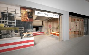 Ristorante Fetucini, Un fast food trasformato in un vero ristorante con posti a sedere e coffee corner Filosofia Spaghetti, segno di italianità: per superare il luogo comune si può esagerare, in modo quasi-pop. Soluzioni Spaghetti ovunque. Lampade: grandi trafilature al bronzo; divisori di assicelle di legno che sembrano fettuccine, pasta fresca esposta ad essiccare in vetrina. Piastrelle a scacchi bianchi e rossi tipo “tovaglia italiana”. Cucina a vista. Si fanno a mano la pasta e i pani per le pizze, e lo si vede in modo teatrale. Tavoli. Realizzati apposta in ferro e marmo. Maxi grafiche. Italiani famosi (Sophia Loren, Alberto Sordi…) in immagini con la pasta.