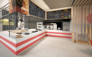 Ristorante Fetucini, Un fast food trasformato in un vero ristorante con posti a sedere e coffee corner Filosofia Spaghetti, segno di italianità: per superare il luogo comune si può esagerare, in modo quasi-pop. Soluzioni Spaghetti ovunque. Lampade: grandi trafilature al bronzo; divisori di assicelle di legno che sembrano fettuccine, pasta fresca esposta ad essiccare in vetrina. Piastrelle a scacchi bianchi e rossi tipo “tovaglia italiana”. Cucina a vista. Si fanno a mano la pasta e i pani per le pizze, e lo si vede in modo teatrale. Tavoli. Realizzati apposta in ferro e marmo. Maxi grafiche. Italiani famosi (Sophia Loren, Alberto Sordi…) in immagini con la pasta.