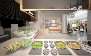 Ristorante Fetucini, Un fast food trasformato in un vero ristorante con posti a sedere e coffee corner Filosofia Spaghetti, segno di italianità: per superare il luogo comune si può esagerare, in modo quasi-pop. Soluzioni Spaghetti ovunque. Lampade: grandi trafilature al bronzo; divisori di assicelle di legno che sembrano fettuccine, pasta fresca esposta ad essiccare in vetrina. Piastrelle a scacchi bianchi e rossi tipo “tovaglia italiana”. Cucina a vista. Si fanno a mano la pasta e i pani per le pizze, e lo si vede in modo teatrale. Tavoli. Realizzati apposta in ferro e marmo. Maxi grafiche. Italiani famosi (Sophia Loren, Alberto Sordi…) in immagini con la pasta.