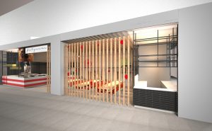 Ristorante Fetucini, Un fast food trasformato in un vero ristorante con posti a sedere e coffee corner Filosofia Spaghetti, segno di italianità: per superare il luogo comune si può esagerare, in modo quasi-pop. Soluzioni Spaghetti ovunque. Lampade: grandi trafilature al bronzo; divisori di assicelle di legno che sembrano fettuccine, pasta fresca esposta ad essiccare in vetrina. Piastrelle a scacchi bianchi e rossi tipo “tovaglia italiana”. Cucina a vista. Si fanno a mano la pasta e i pani per le pizze, e lo si vede in modo teatrale. Tavoli. Realizzati apposta in ferro e marmo. Maxi grafiche. Italiani famosi (Sophia Loren, Alberto Sordi…) in immagini con la pasta.